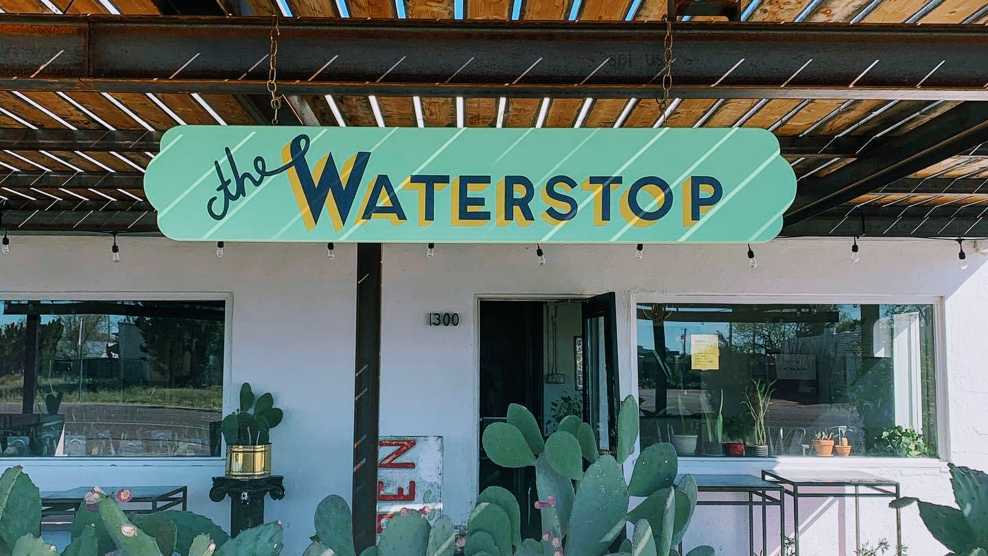 the Water Stop storefront beneath a covered entry in Marfa